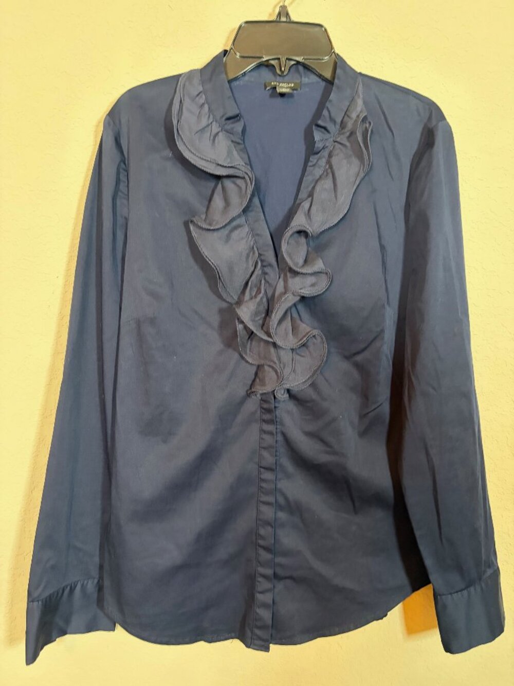 Ann Taylor Women Royal Blue Ruffle Band Collar Long Sleeve Blouse sz 6
